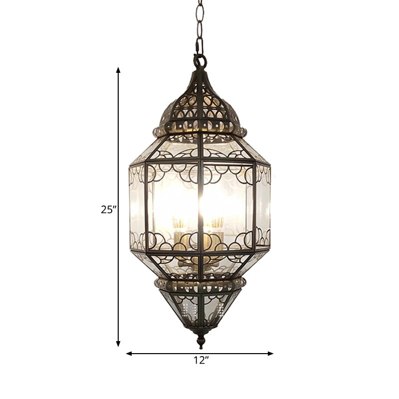3-Head Pendant Lighting Antiqued Arab Balcony Hanging Chandelier with Lantern Clear Glass Shade in Bronze