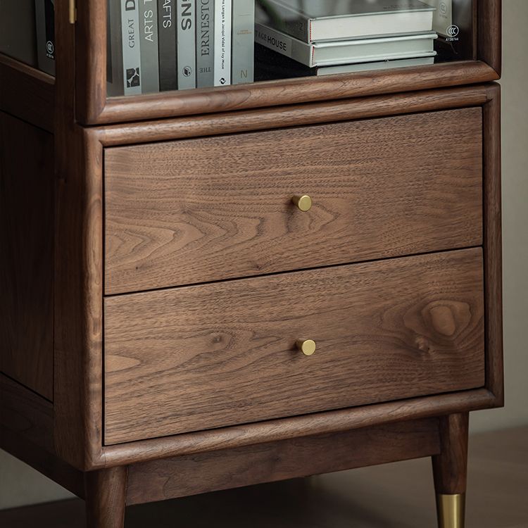 66.9" Tall 2-Drawer Accent Cabinet Solid Wood Glass Paned Side Cabinet in Walnut Brown