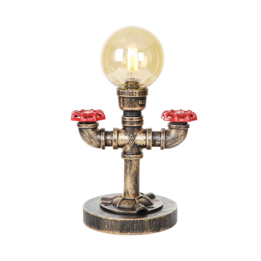 Lampada da lettura a luce singola in argento antico/bronzo. Illuminazione industriale con paralume globo in vetro trasparente/ambrato
