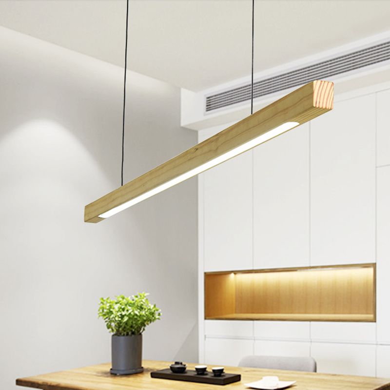 Solid Wood Rod Pendant Lighting Simplicity Beige LED Island Ceiling Light for Diner
