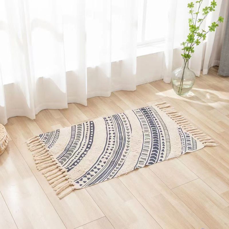 Retro Cotton Blend Area Carpet Tribal Print Indoor Rug Fringe Rug for Home Decoration