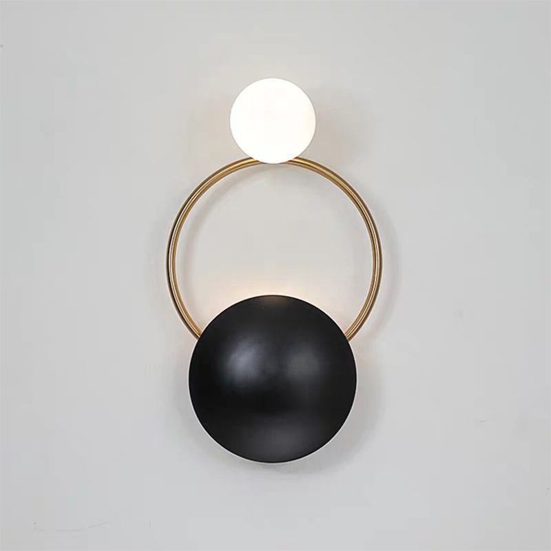 2-Bulb Opaline Glass Wall Light Vintage Style Black Globe Bedroom Wall Sconce with Round Backplate