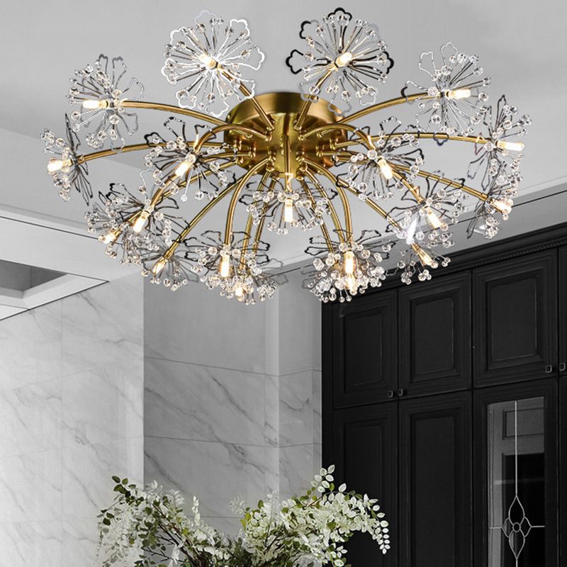 Gold Dandelion Semi Flush Mount Postmodern Crymodern Crystal 21 luces Luces de comedor Iluminación de techo