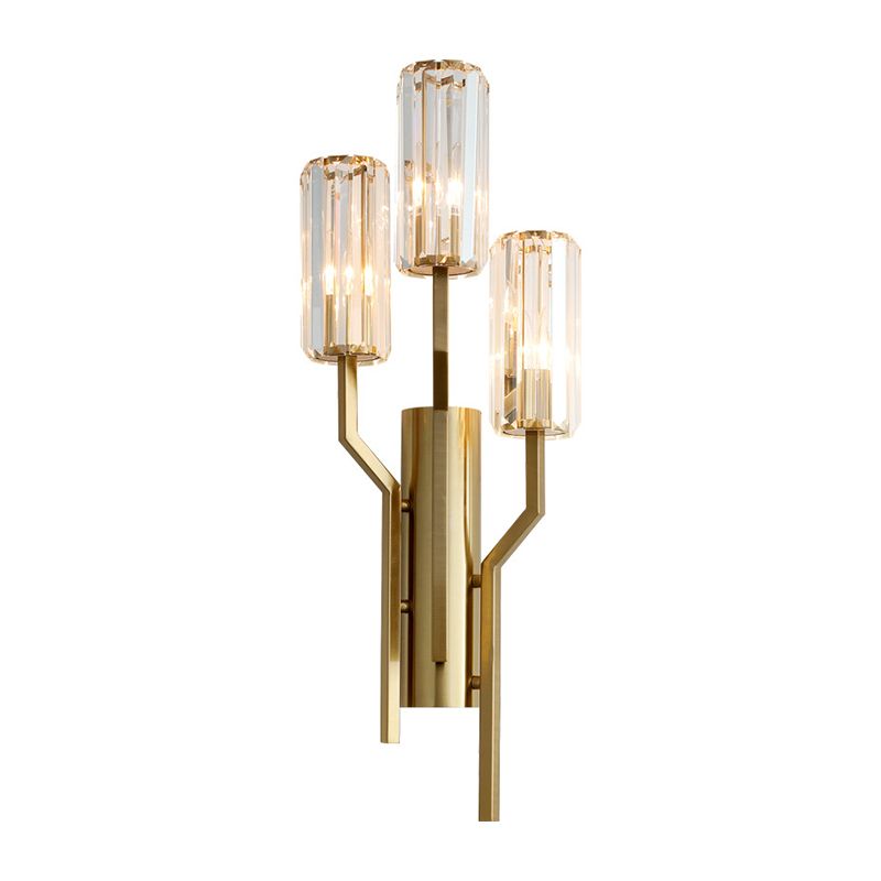 3 Bulbs Crooked Arm Wall Lamp Modern Gold Metal Wall Sconce with Crystal Cylindrical Shade