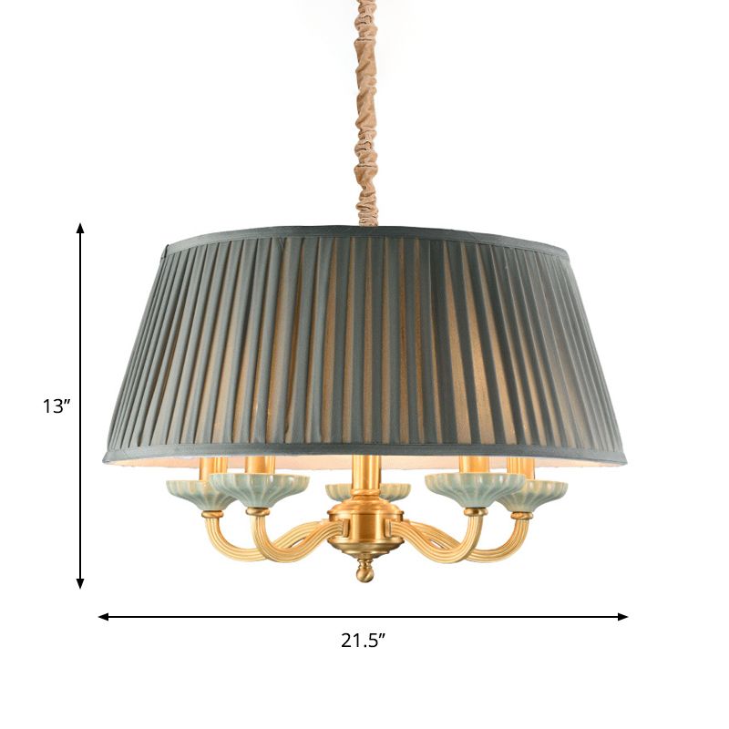 Lampada del tamburo in ottone Plotochi di tamburo in tessuto Rustico 5 teste Sala da pranzo a sospensione Luce a sospensione