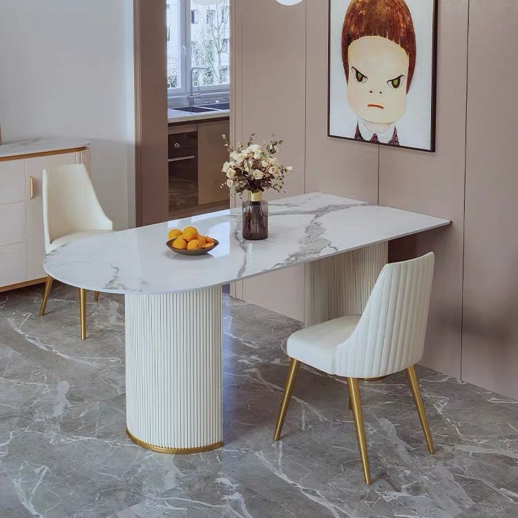 Mesa de comedor de piedra sinterizada de cocina de estilo glamour con base de pedestal doble