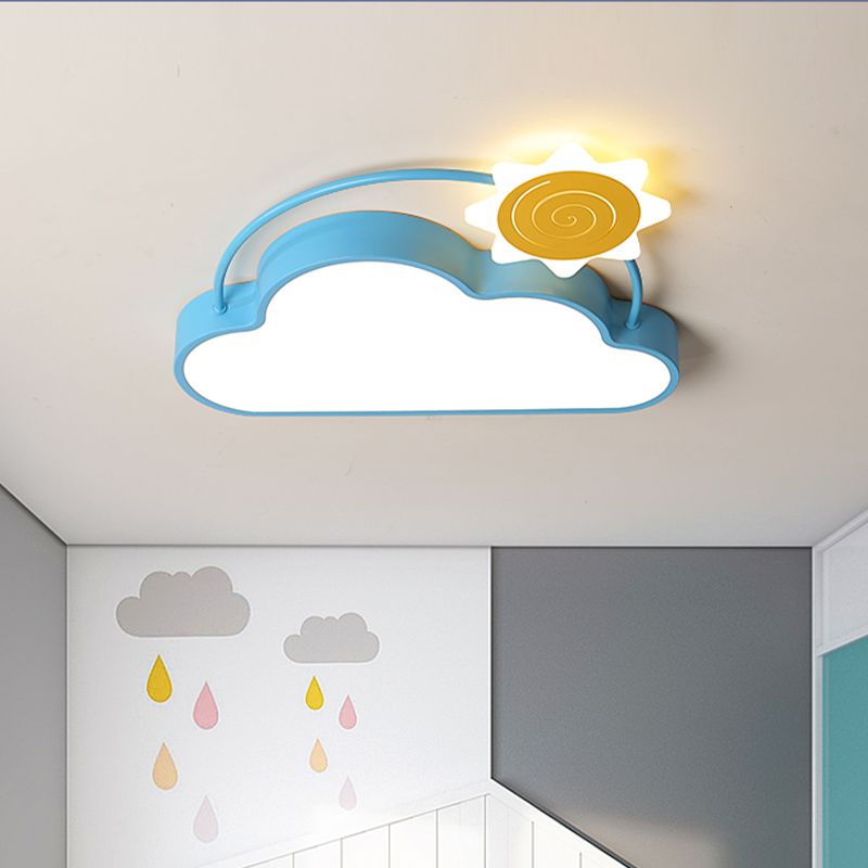 Iron Sun Above Cloud Flush Mount Cartoon Blue and Gold LED Close to Ceiling Light