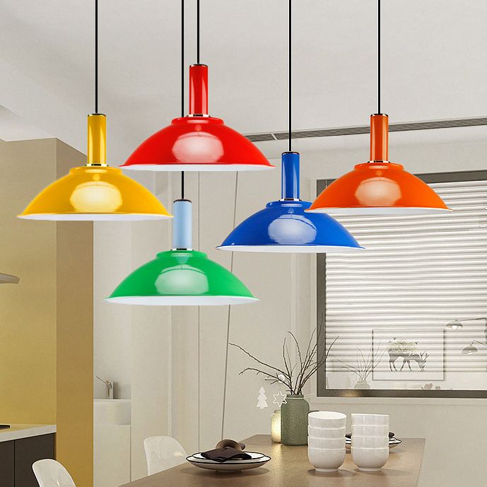 Zeitgenössische flache Schüssel Hanging Lampe Aluminium hellfarbener Anhänger Licht in Blau/Grün/Orange/Rot/Gelb für Marktgeschäft