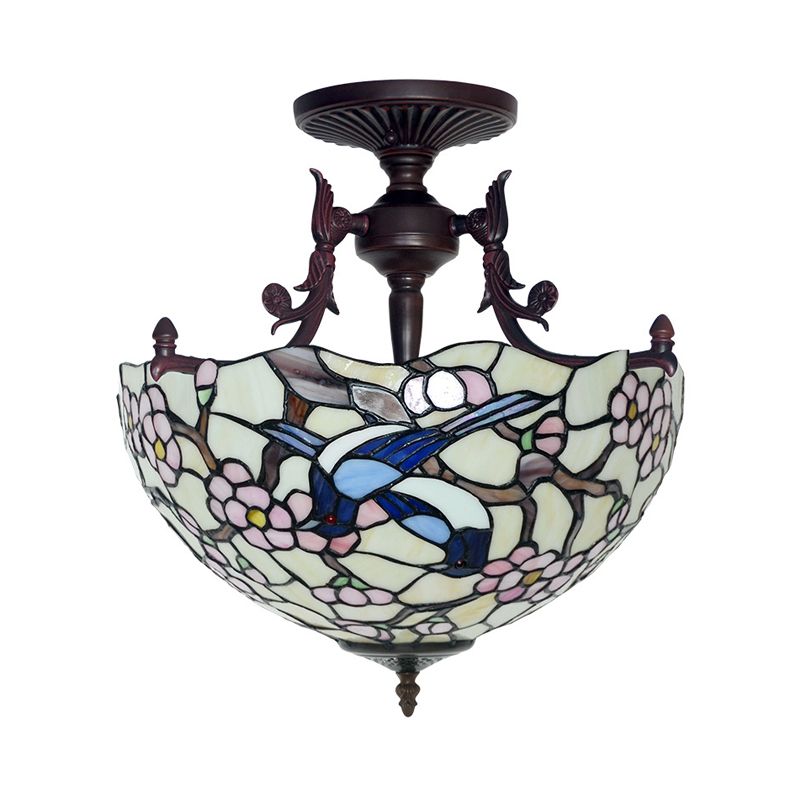 Bronce 3 luces Semi Flush Light Mediterranean Beige/Rojo/Vidrio amarillo Techo de sombra abovedada Iluminación para sala de estar