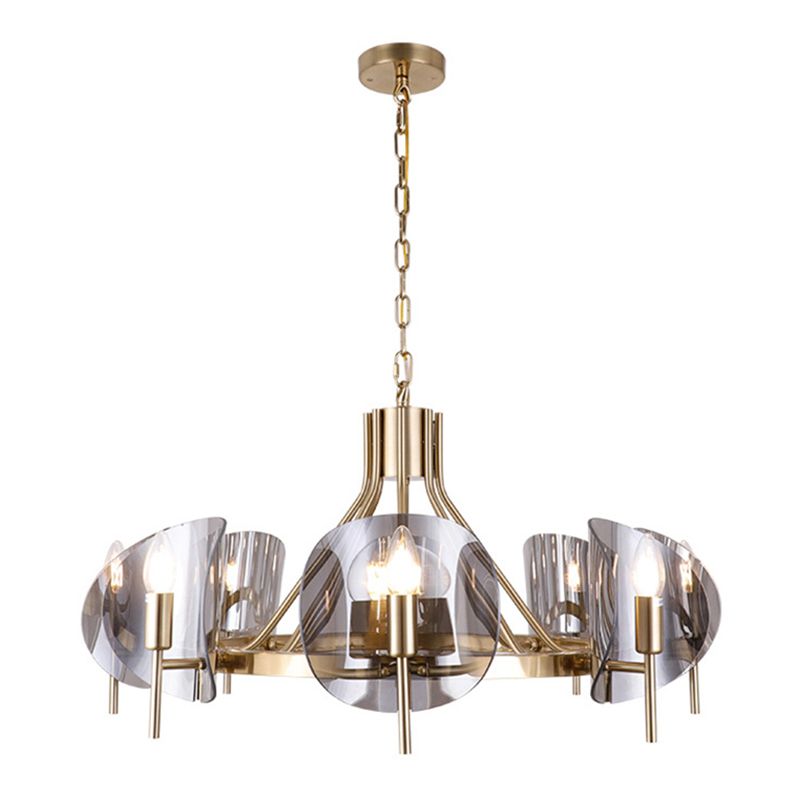 Modern Wagon Wheel Candle Chandelier Light Fixture Clear Glass Shaded Ceiling Chandelier in Gold for Bedroom