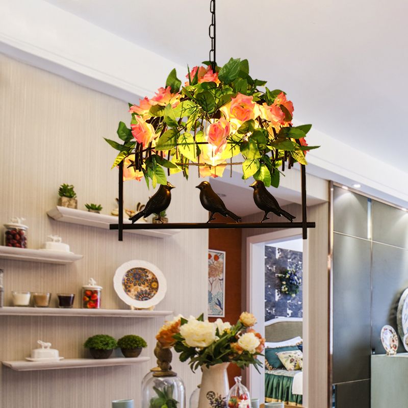Industrial Birdcage Island Light Fixture 1/3-Light Iron Down Lighting Pendant in Black with Rose Decoration