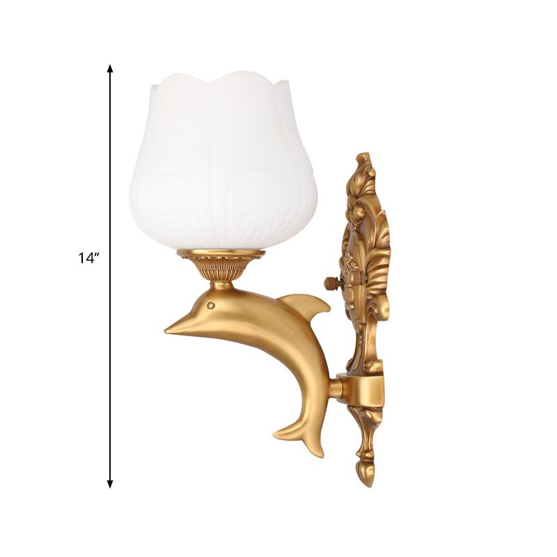 1 Bulb Petal Wall Lighting Fixture Vintage Style White Glass Wall Light with Golden Dolphin Deco