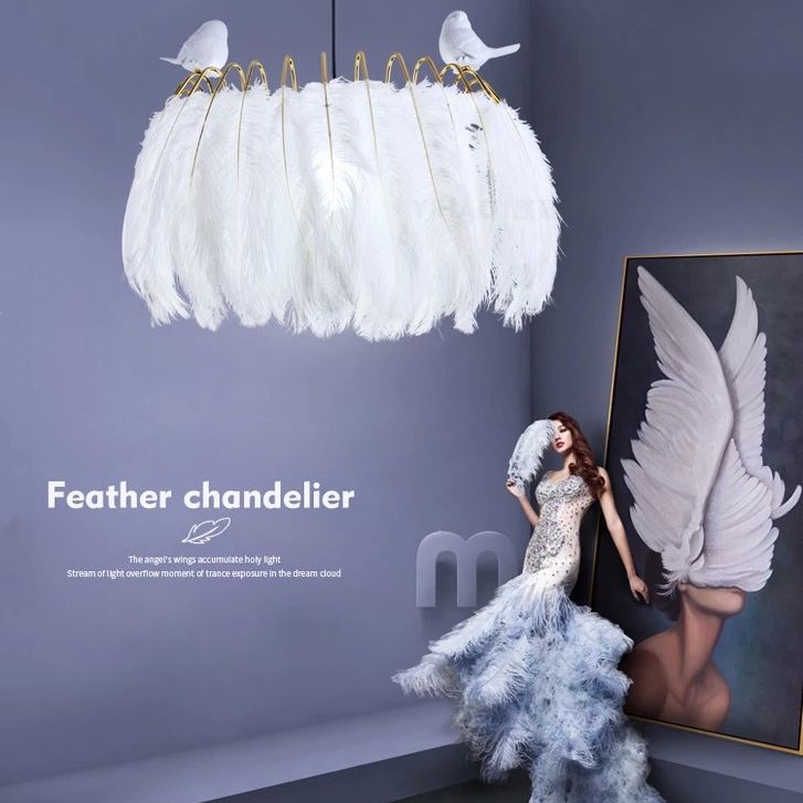 Drum Hanging Light Fixture Modern Feather Living Room Ceiling Pendant Lamp in White