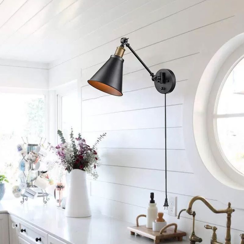 Horn Iron Mur Moup de lecture lampe industrielle à 1 Light Chambre d'éclairage mural rotatif avec / sans cordon de recharge en noir