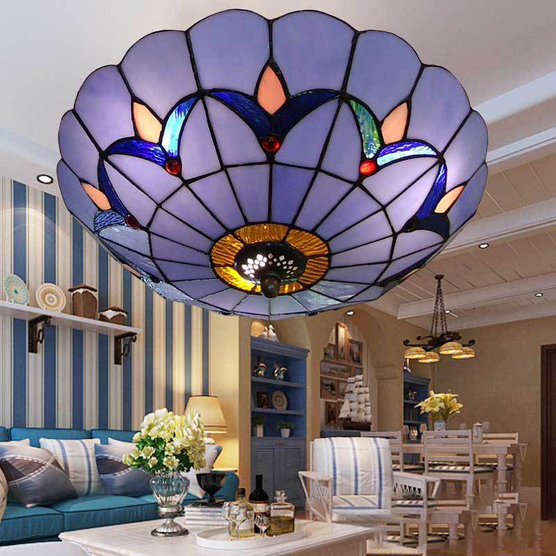 Living Room Ceiling Lights Rustic Style 10"/12" Inch Dome Flush Mount Light Fixture with Jewel Decoration in White/Beige/Blue/Clear