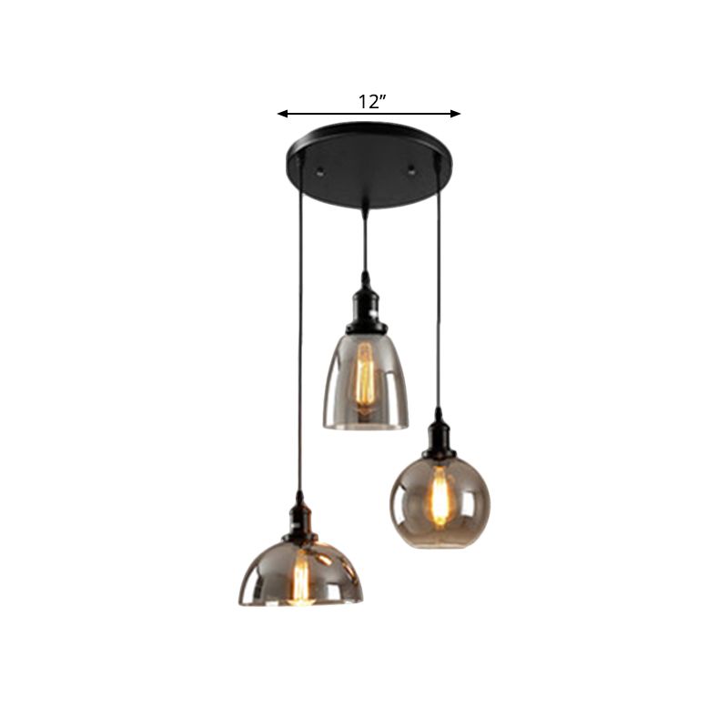 Luci 3/4 nere a sospeso a sospeso industriale Smoked Glass geometrico cluster cluster, baldacchino lineare/rotondo