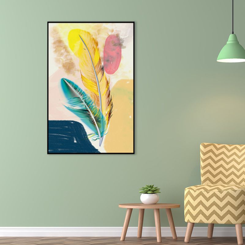 Illustration Nordic Canvas Wall Art with Feather Pattern in Yellow, Multiple Size Options