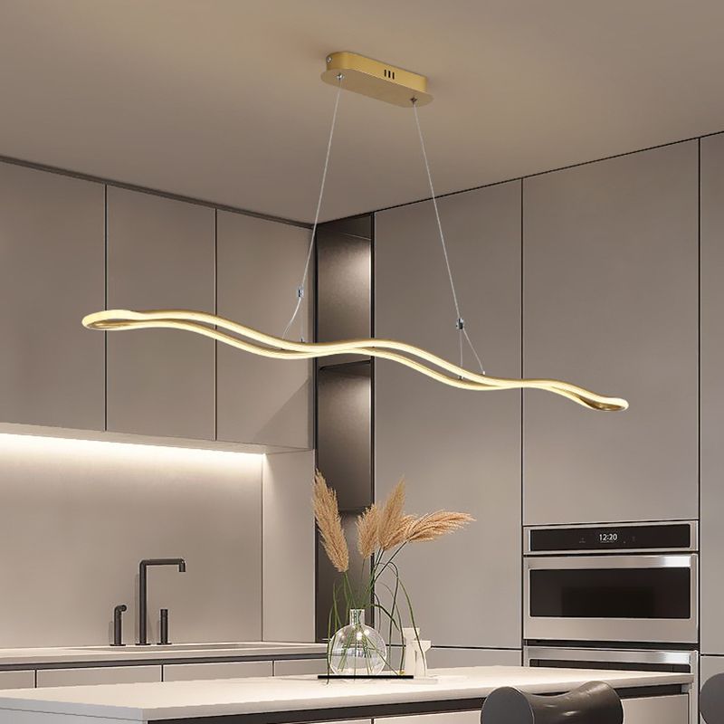 Wavy Lines Shaped Aluminum Alloy Island Light 39.3" Wide Modern Minimalist LED Suspension Lamp With Adjustable Hanging Wire