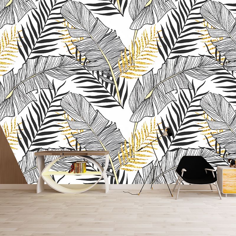 Large Illustration Banana Leaves Mural Wallpaper for Accent Wall in Grey, Personalized Size Available
