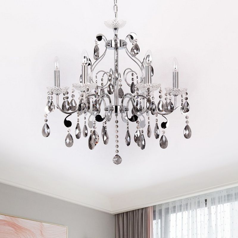 6 Lights Candle-Style Hanging Chandelier with Swirled Arm Smoke Grey Crystal Contemporary Dining Room Suspension Lamp