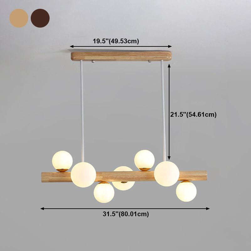Luces colgantes de restaurantes de múltiples cabezas de madera moderna con sombra de vidrio de globo