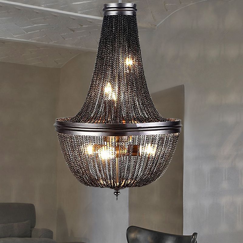 Chain Fringe Living Room Chandelier Rural Metallic 6 Lights Black Down Lighting Pendant