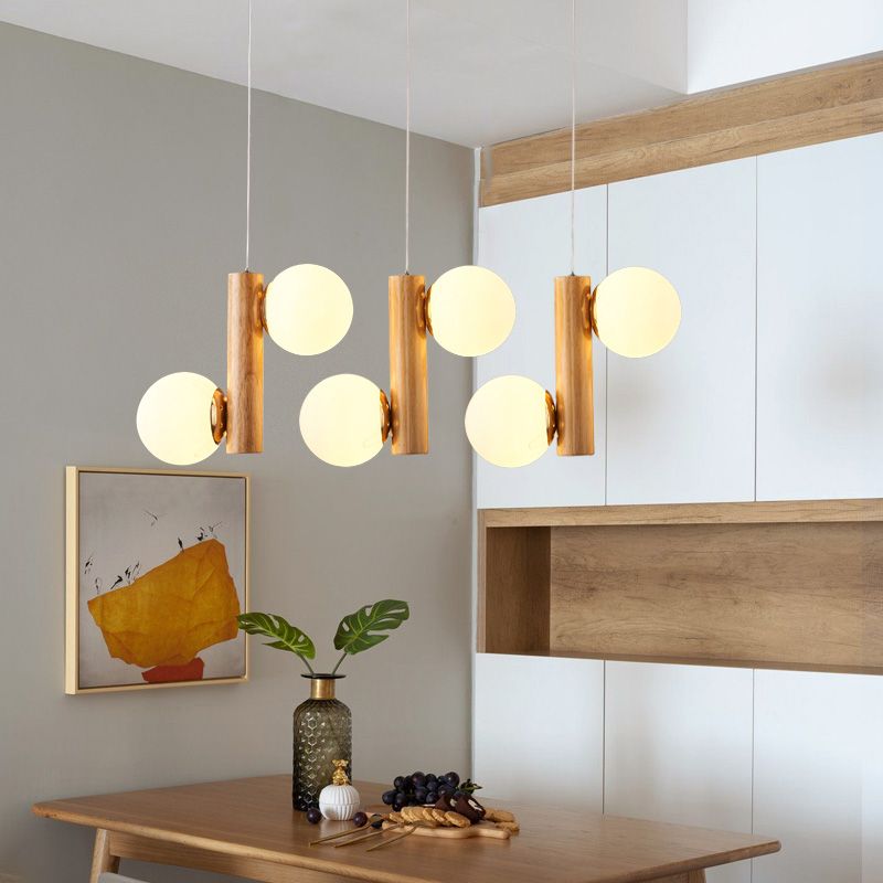 Glass Globe Pendant Chandelier Nordic Wood Hanging Light for Dining Room