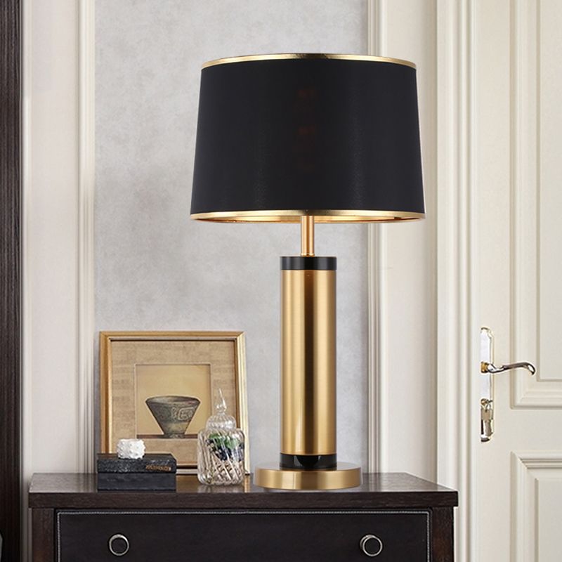 Metallic Tube Desk Light Modernism 1-Light Gold Finish Night Table Lamp with Drum Black Fabric Shade