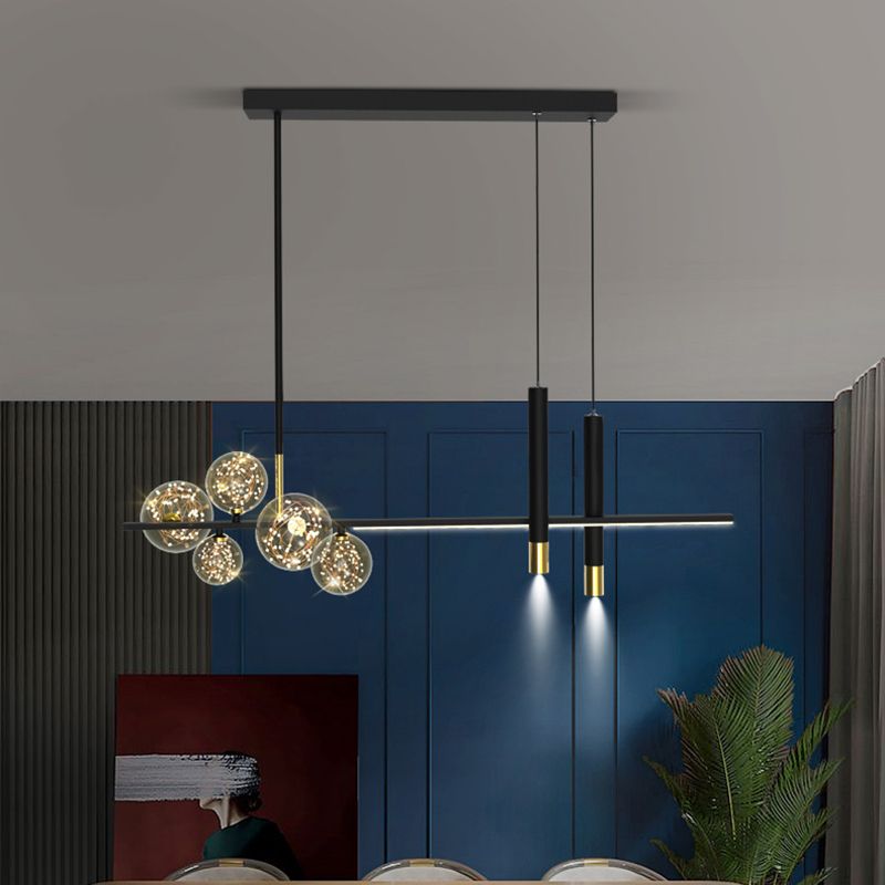 Glass Contemporary Hanging Lights Black Linear Island Lighting Fixture for Dining Room