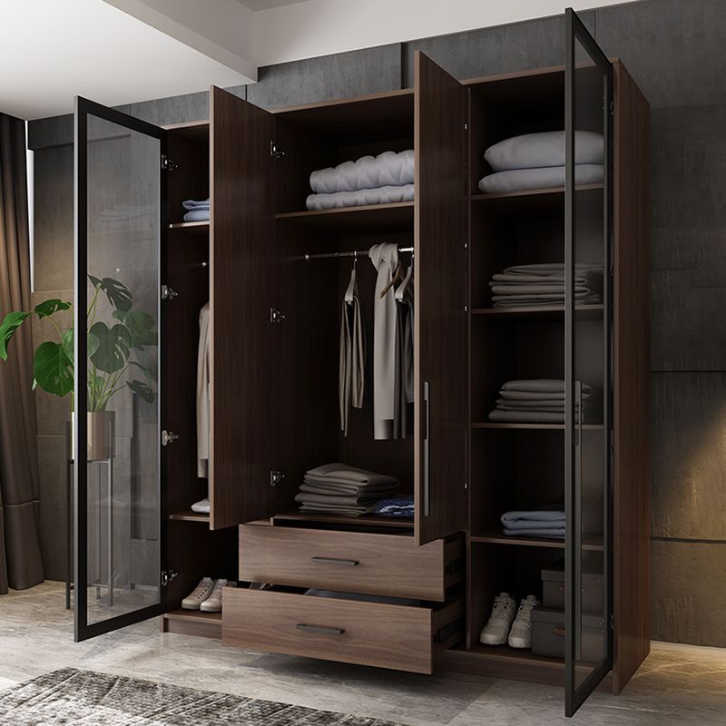 Brown Wood Wardrobe Armoire Modern Freestanding Wardrobe with Self Close Drawers