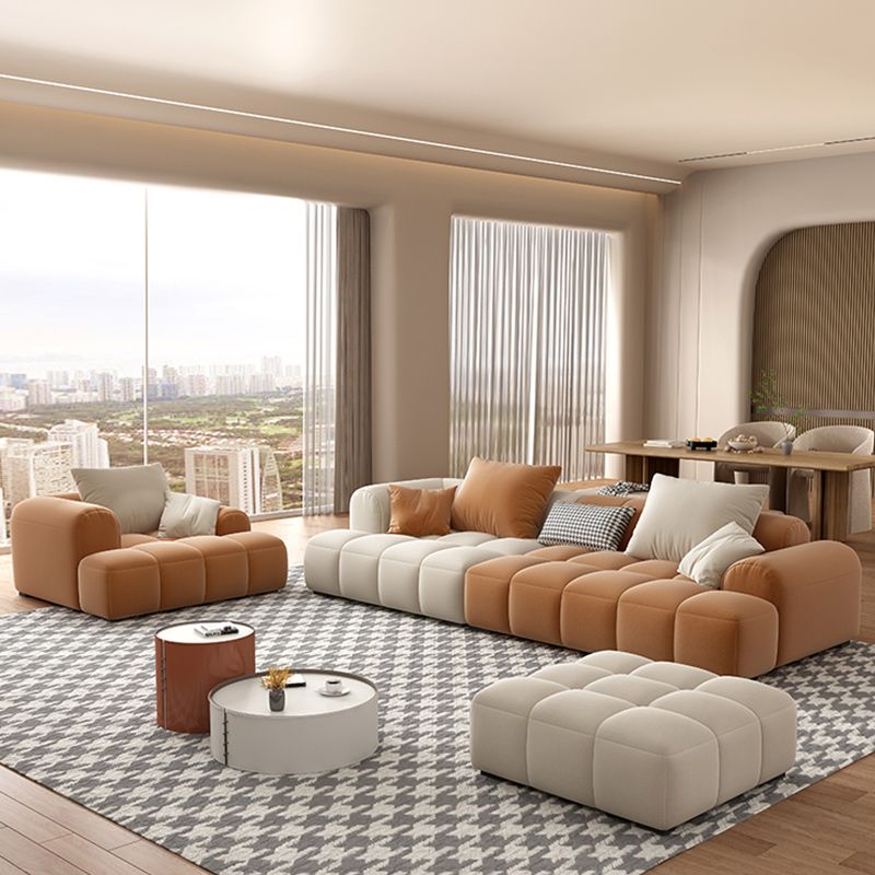 Recessed Arm Sofa Contemporary L Faux Leather Sofa with Pillows