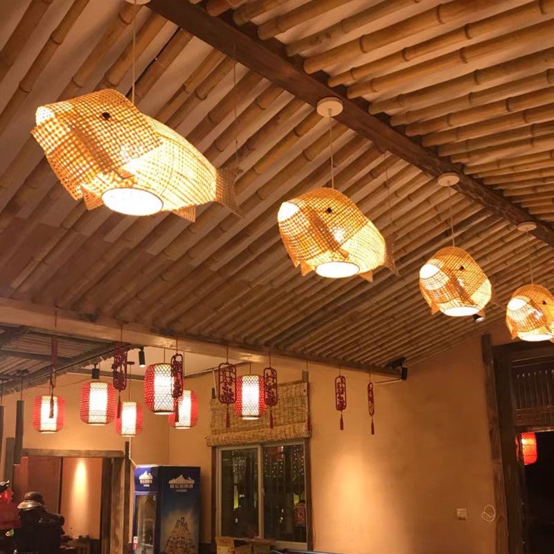 1-Light Bamboo Suspended Lighting Fixture Chinese Pendant Light Kit for Dining Room
