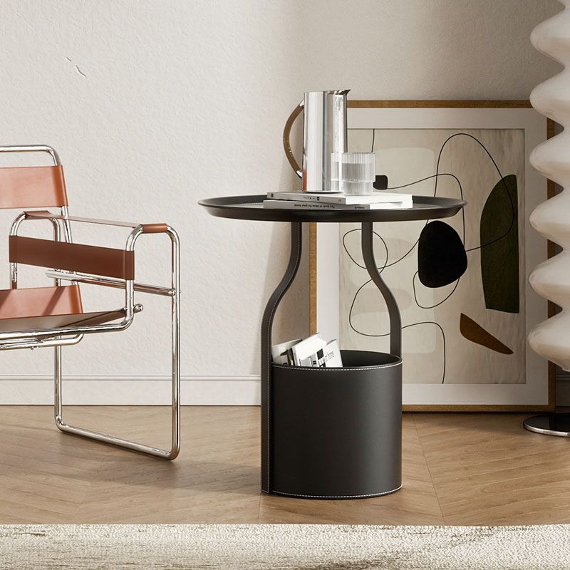 Metal Round Tray Top Side Table 20.9" Tall Leather Pedestal End Table with Storage