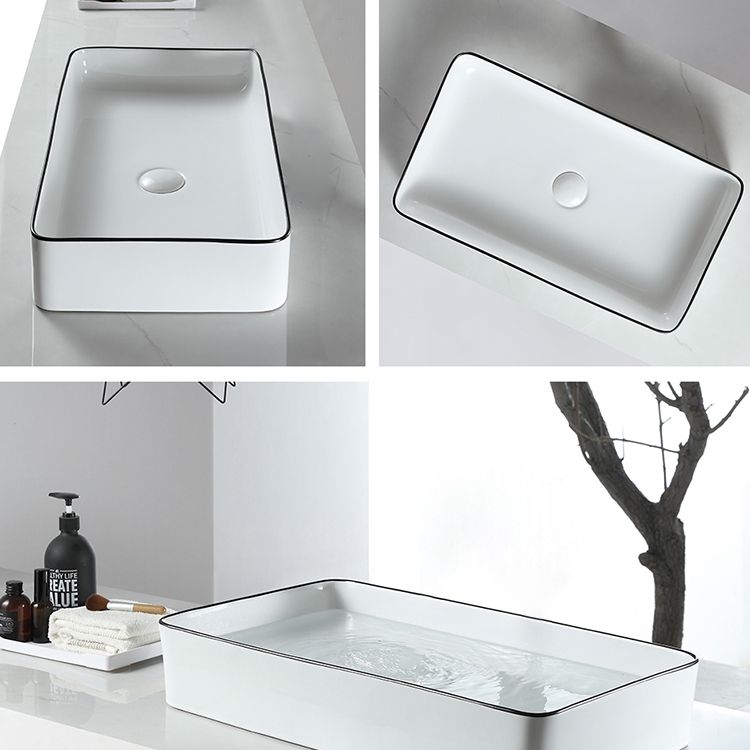 Modern Bathroom Sink Pop-Up Drain Porcelain Rectangular Vessel Sink