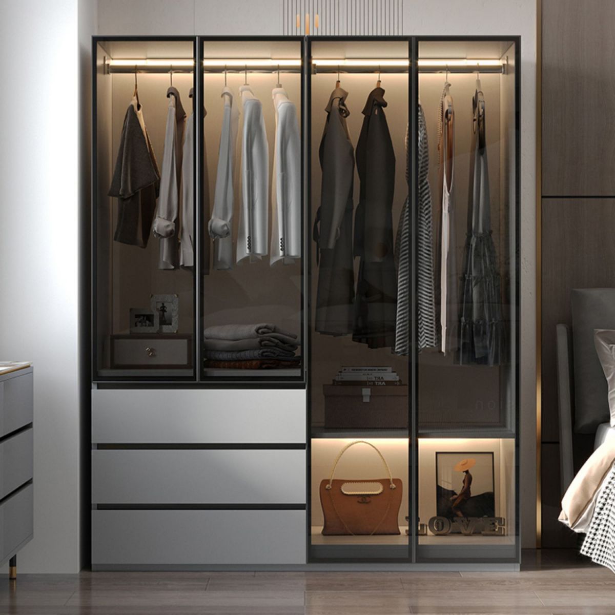 Modern Wood Frame Wardrobe Armoire Freestanding Wardrobe with 3 Self Close Drawers
