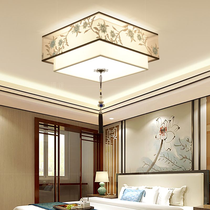 3/5/7 Heads Flush Lamp Chinese Style Fabric Flush Ceiling Light for Living Room Dinning Room