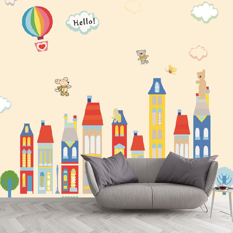 Cartoon-Fantasie-Häuser-Wandbild, pastellfarben, schmutzabweisende Wanddekoration für den Kindergarten