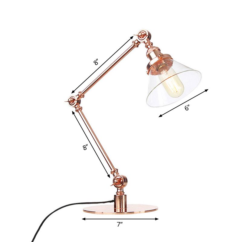 Table conique de style industriel clair Ambre / verre transparent et métal 1 lampe de table de chambre à coucher légère avec bras réglable en noir / laiton