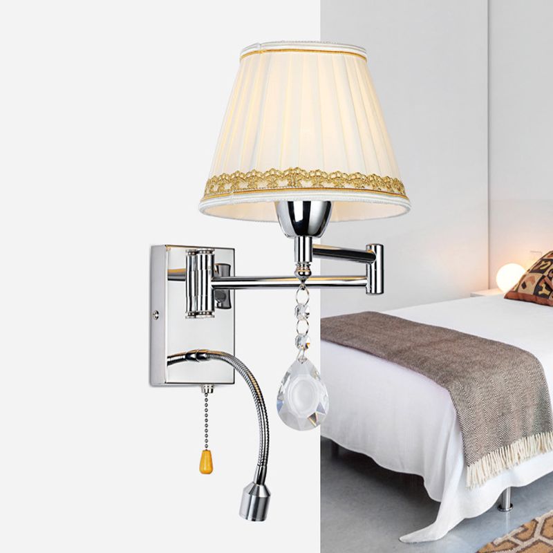 1-Head Reading Wall Light Modern Pleated Fabric Braided-Trimmed Cone Sconce with Chrome Extendable Arm