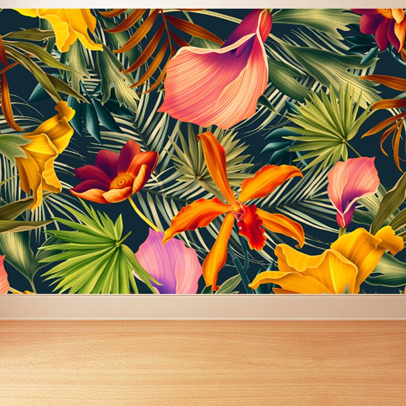 Plant Leaf and Flower Mural Tropical Non-Woven Fabric Wall Art in Green for Living Room