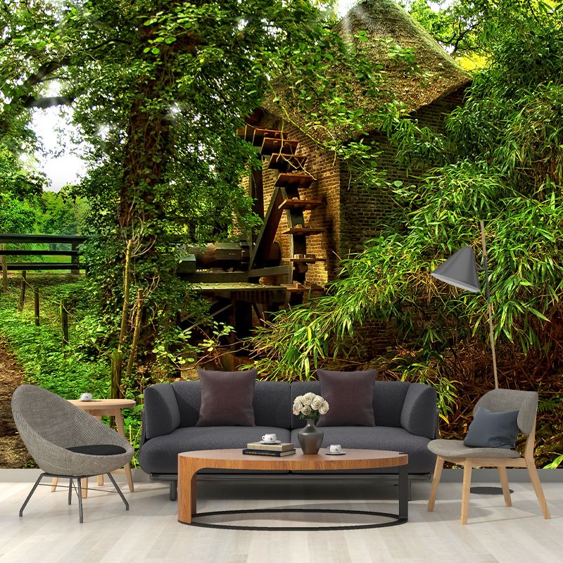 Photography Country Mural Wallpaper with Water Mill Painting for Home Decor