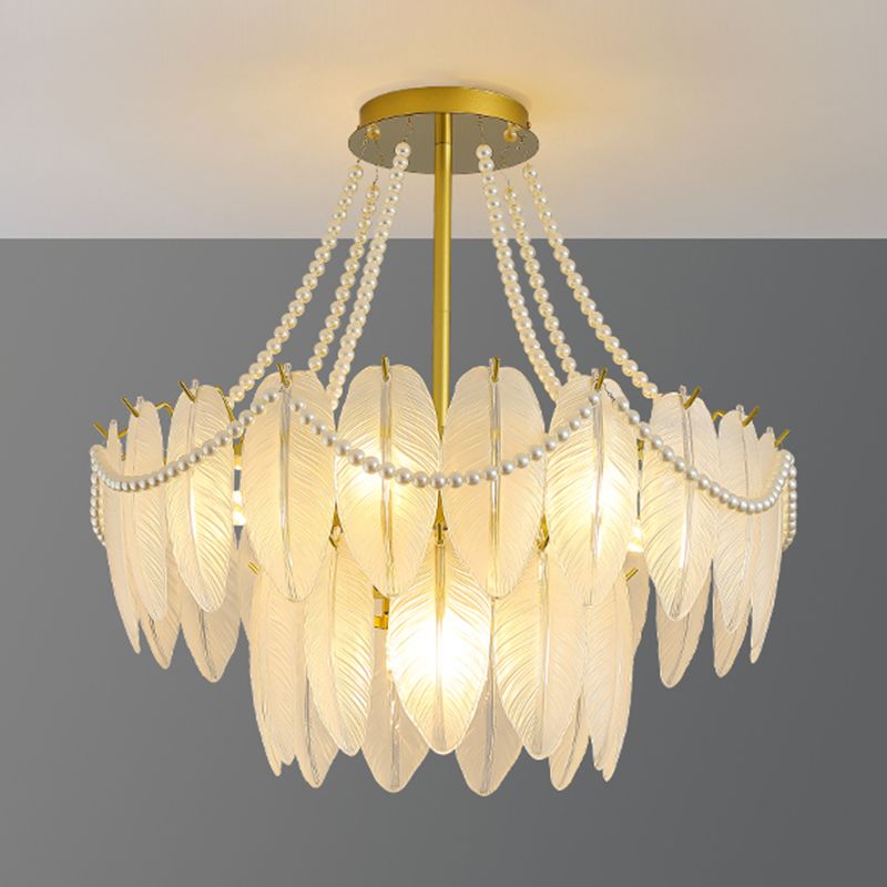 Modern Metal Ceiling Light Feather Shape Hanging Light with Glass Shade for Living Room