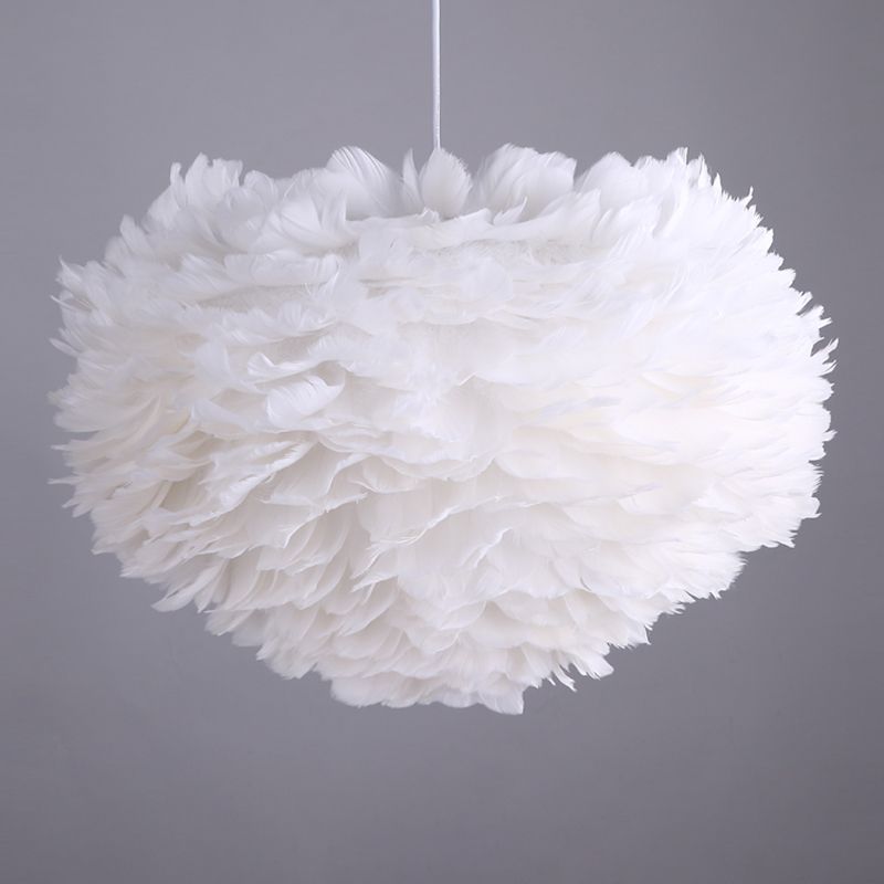 White Drum Pendant Light in Modern Creative Style Wrought Iron Chandelier with Feather Shade