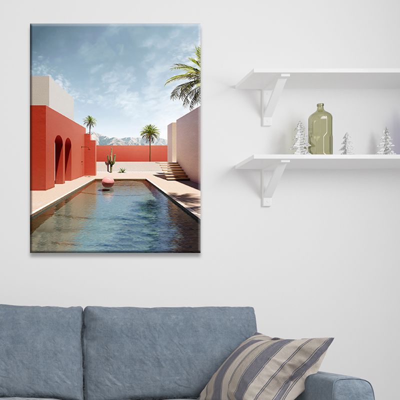 Building and Tree Wall Decor Contemporary Textured Canvas Print in Soft Color for Bedroom