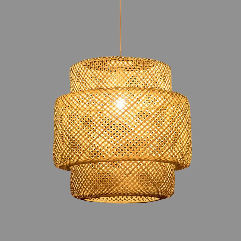 Modern Style Tiered Ceiling Light Bamboo 1-Light Restaurant Hanging Pendant Lighting in Beige