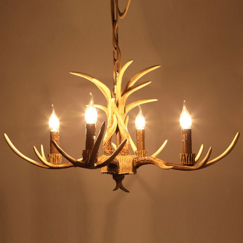 Resin Antler Chandelier Pendant Light Vintage Restaurant Hanging Light Fixture in Beige
