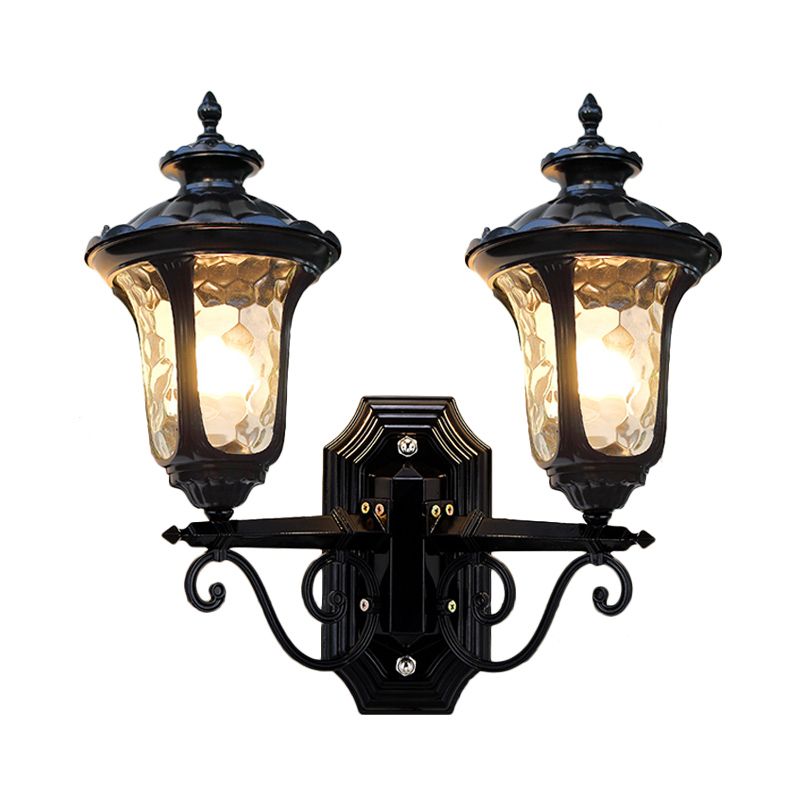 2 Bulbs Wall Mount Light Traditional Urn-Shade Clear Dimple Glass Sconce Lamp in Black