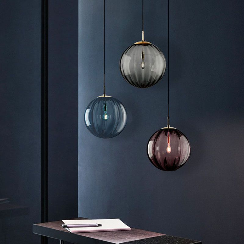 Glass Pumpkin Ball Shaped Pendant Modern 1-Light Hanging Light Fixture for Dining Room