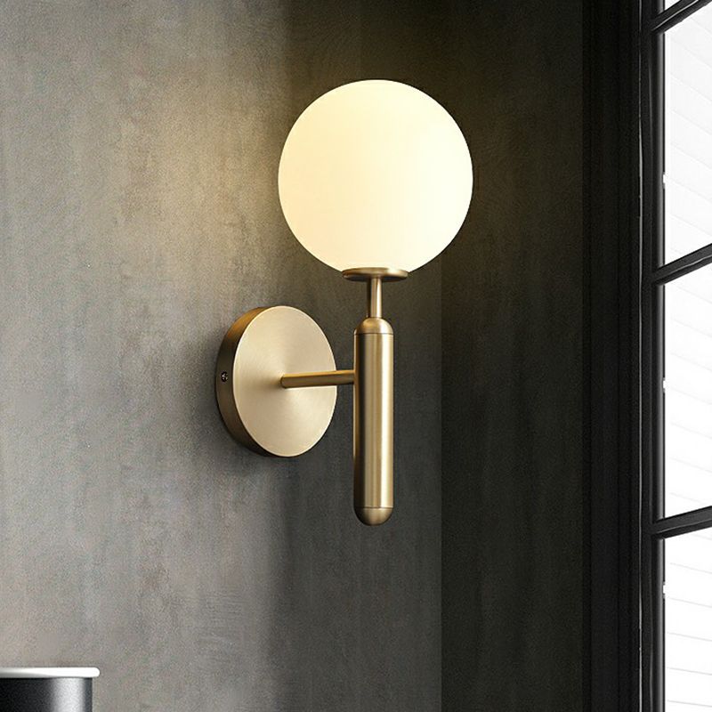 1-Light Living Room Sconce Lighting Minimalist Brass Wall Light with Ball Cream Glass Shade