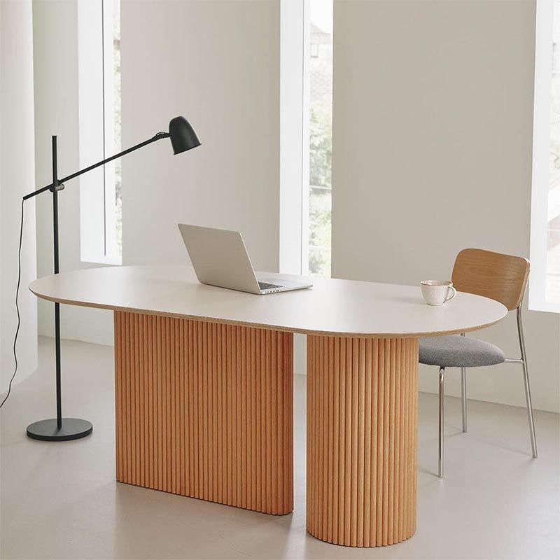 Oval Solid Wood Dining Table Modern White-natural Furniture with Double Pedestal for Home